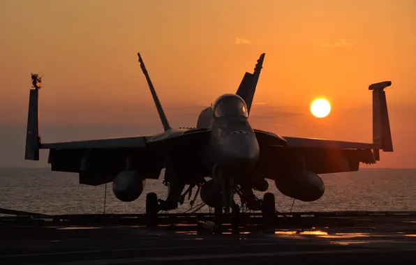 Солнце, Закат, палуба, штурмовик, американский, истребитель-бомбардировщик, палубный, Boeing F/A-18E/F Super Hornet