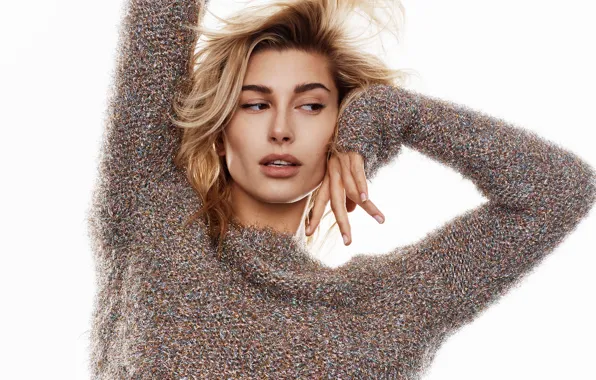 Взгляд, девушка, поза, волосы, свитер, Hailey Baldwin