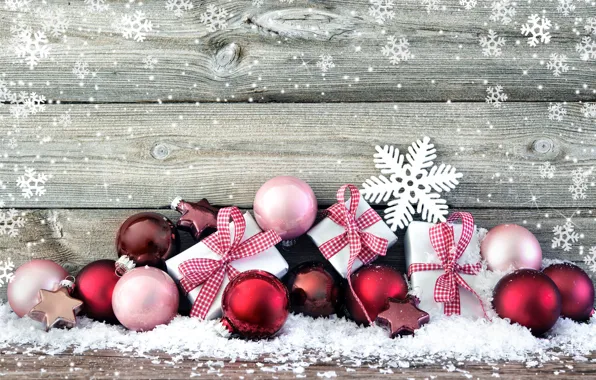 Картинка снег, украшения, снежинки, шары, Новый Год, Рождество, подарки, Christmas