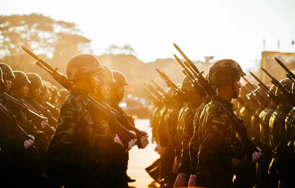 Soldiers, sunset, training