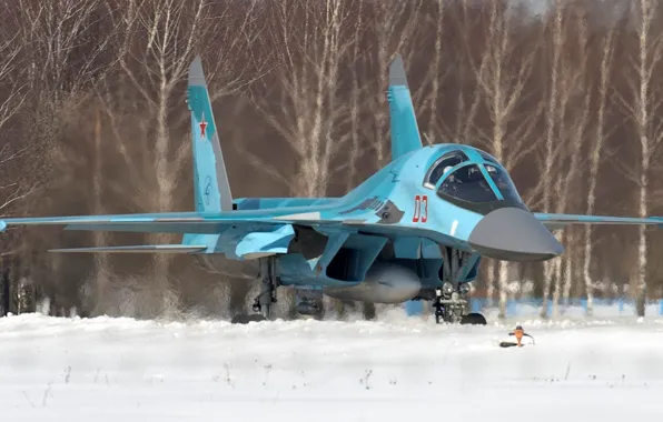 Снег, аэродром, фронтовой бомбардировщик, Fullback, Су-34, ОКБ Сухого, российский истребитель-бомбардировщик