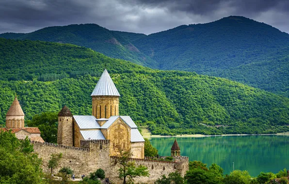 Картинка горы, река, замок, крепость, Грузия, Georgia, Ananuri, Река Арагви