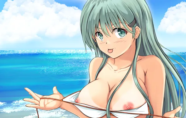 Girl, sexy, green eyes, long hair, sea, nipples, boobs, anime