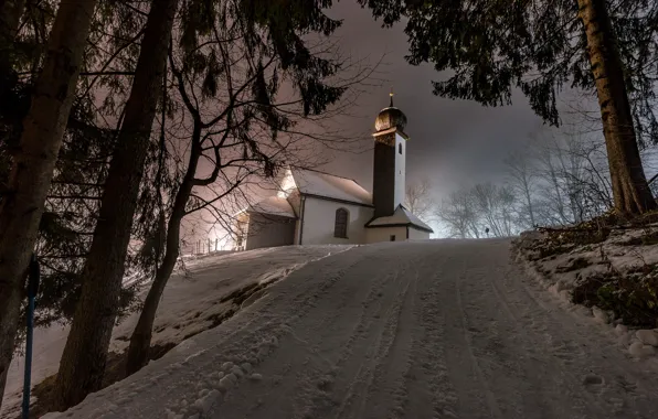 Зима, дорога, снег, Австрия, церковь, Тироль