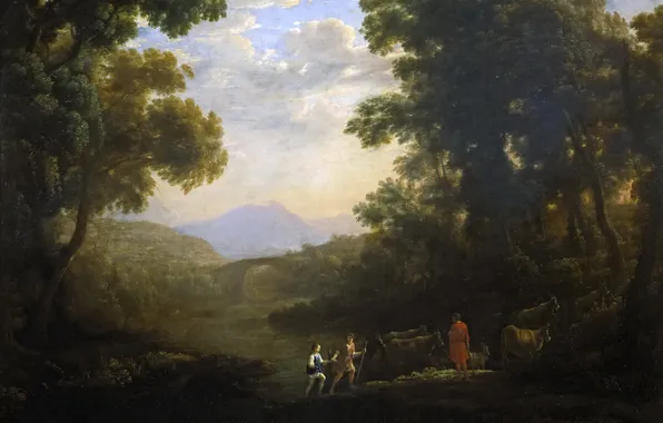 Картинка картина, Клод Лоррен, Речной Пейзаж с Пастухами