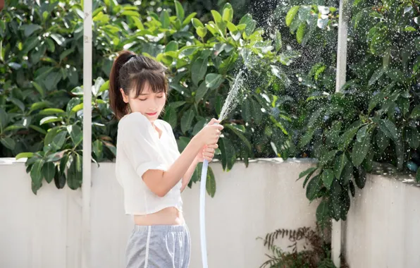Beautiful, Asian, Model, Water, pretty, Woman, Hose Pipe, Roof Top