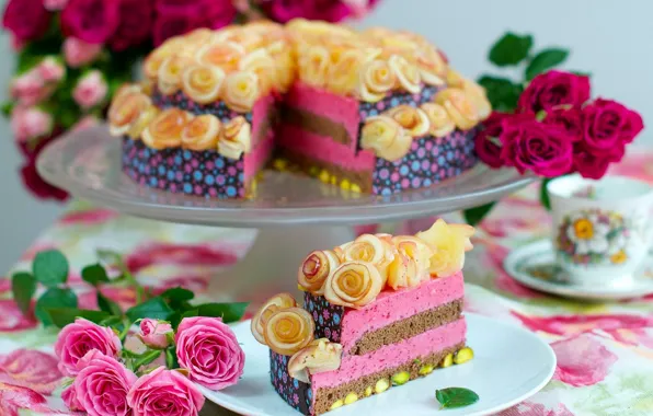 Цветы, чай, кофе, еда, розы, чашка, торт, rose