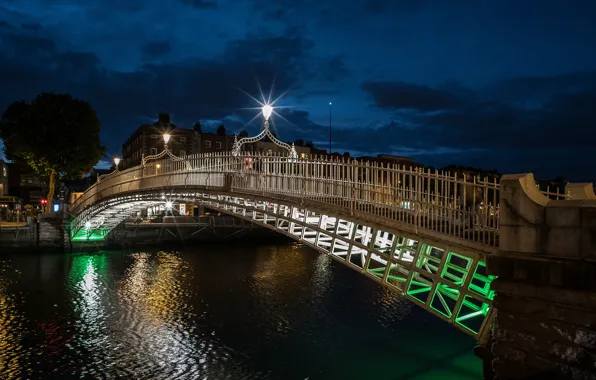 Мост, огни, вечер, Ирландия, Дублин