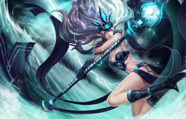 Девушка, магия, молния, эльф, посох, эльфийка, league of legends