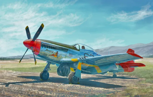 Картинка art, airplane, aviation, ww2, P51 Mustang, red tail