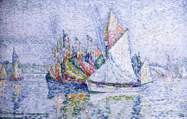 Картинка лодка, картина, парус, Поль Синьяк, пуантилизм, Конкарно. Порт