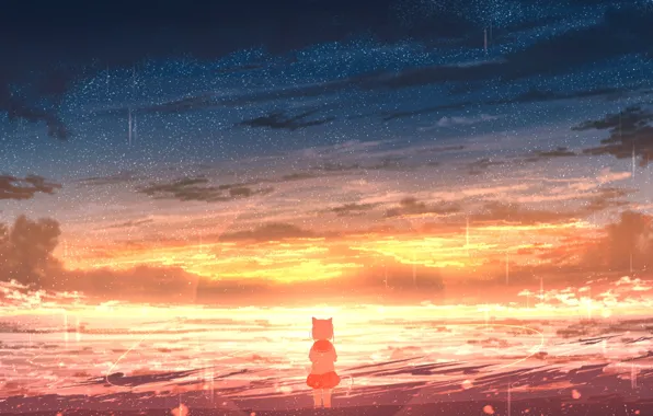 Море, кошка, небо, закат, девочка, Rune Xiao