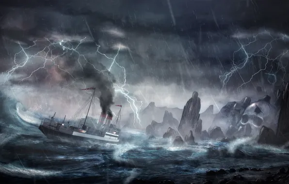 Волны, шторм, скалы, молния, корабль, остров, буря, катастрофа