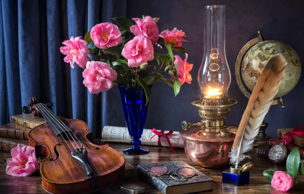 Картинка цветы, ноты, перо, скрипка, часы, книги, лампа, букет