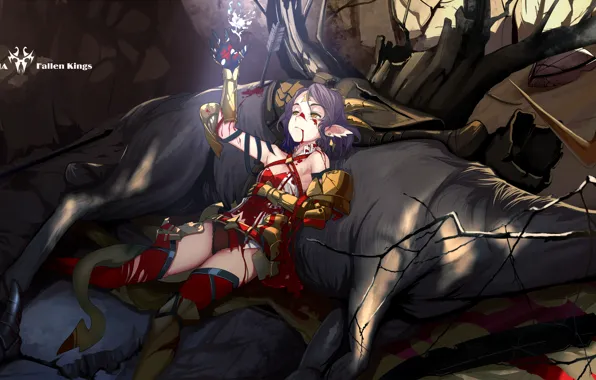 Картинка девушка, животное, кровь, аниме, олень, арт, рога, стрелы