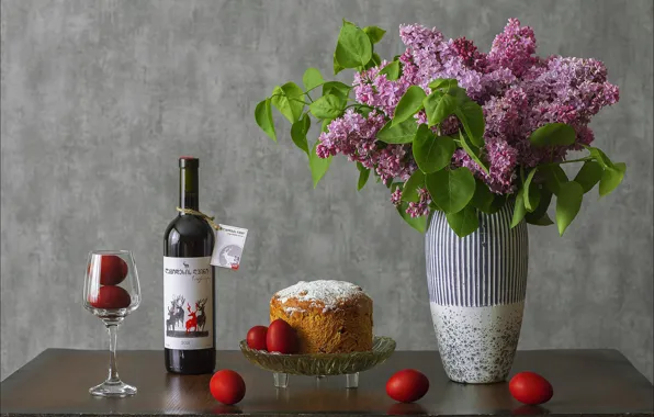 Цветы, вино, бокал, яйца, Пасха, кулич, сирень, Easter
