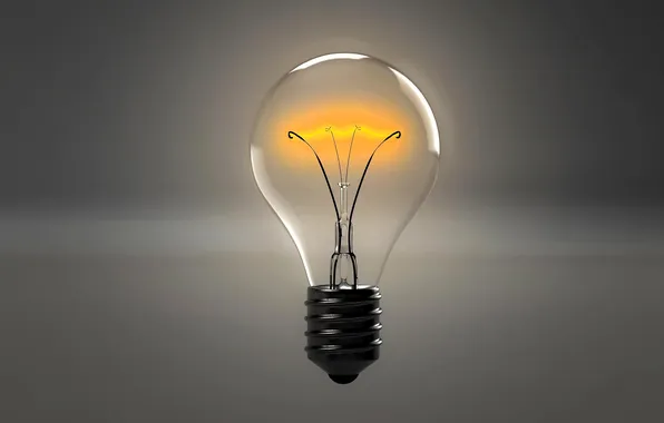 Лампочка, свет, серый фон, нить накаливания