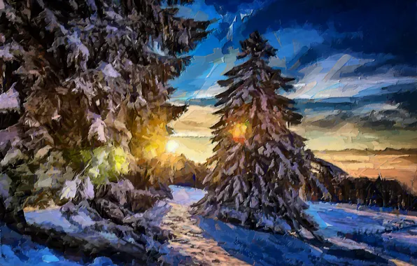 Картинка зима, лес, солнце, лучи, снег, деревья, пейзаж