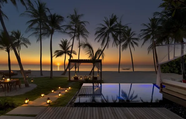 Пляж, закат, пальмы, тишина, вечер, бассейн, Maldives, Reethi Rah
