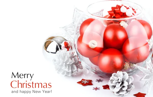Праздник, шары, игрушки, Новый Год, Рождество, красные, Christmas, шишки