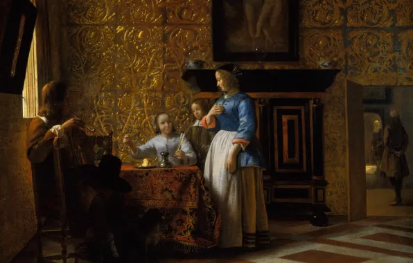 Картинка люди, интерьер, картина, Питер де Хох, Свободное время в элегантной обстановке
