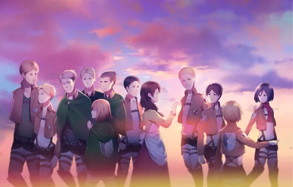 Закат, Небо, аниме, арт, Shingeki no Kyojin, Атака титанов, Персонажи, Вторжение гигантов