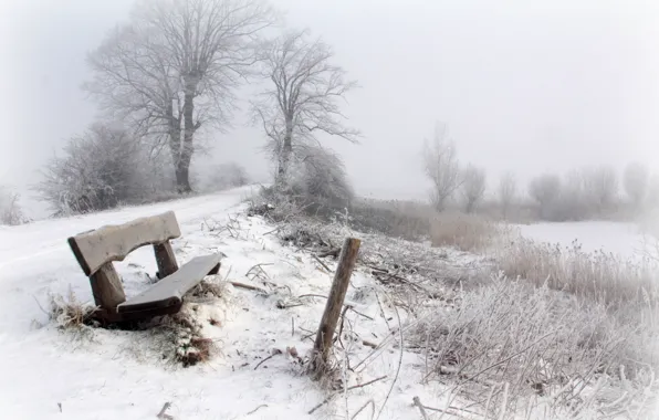 Картинка зима, снег, туман, скамья