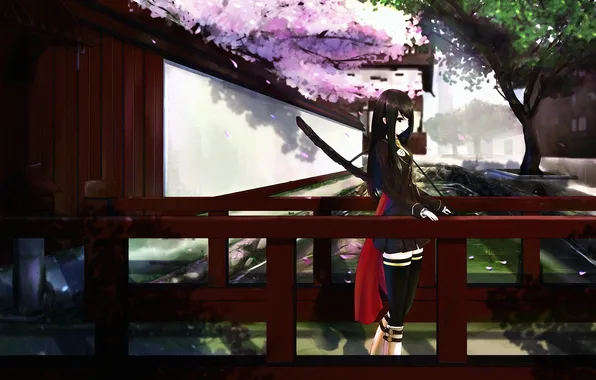 Картинка девушка, мост, ручей, дерево, меч, сакура, арт, перила