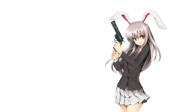 Girl, gun, game, school uniform, pink hair, touhou, weapon, anime