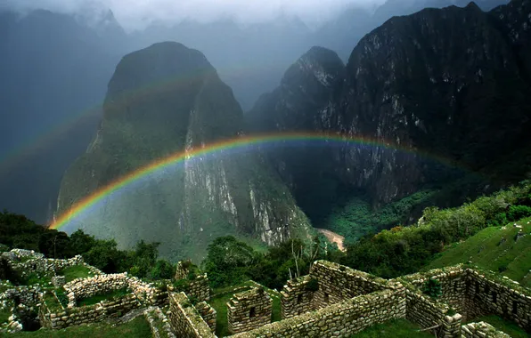 Зелень, пейзаж, горы, природа, радуга, rainbow, руины, landscape