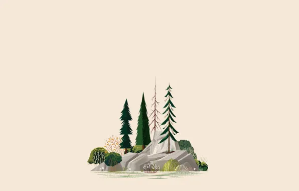 Rock, trees, minimalism, illustration, Forest, simple background