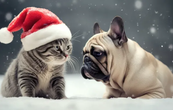 Зима, кошка, взгляд, снег, поза, котенок, серый, собака