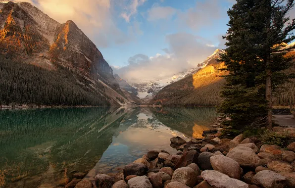 Картинка озеро, восход, утро, Канада, национальный парк, Банф, ледниковое, Луиз