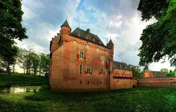 Трава, деревья, замок, стены, Нидерланды, ров, Doorwerth castle