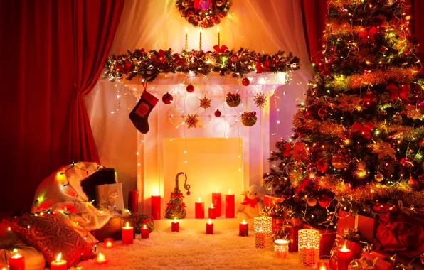 Картинка украшения, игрушки, елка, свечи, Новый Год, Рождество, подарки, камин