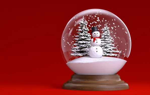 Картинка снег, елка, шар, Новый Год, Рождество, снеговик, winter, snow