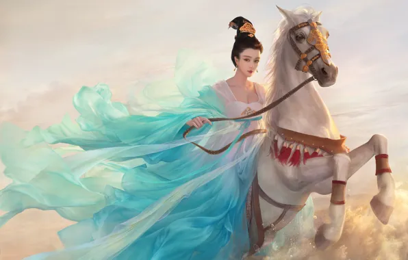 Картинка Девушка, Лошадь, Рисунок, Арт, Asian Princess