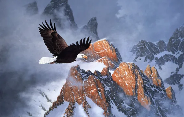 Картинка зима, облака, снег, горы, полёт, орёл, живопись, Derk Hansen
