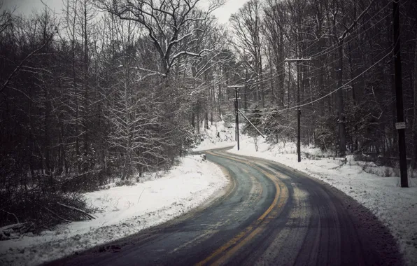 Зима, дорога, снег, деревья, линия электропередач