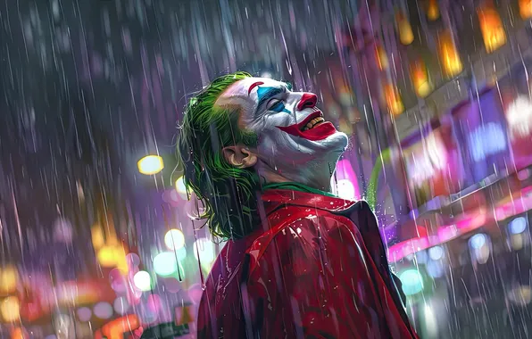 Огни, улыбка, дождь, джокер, ночной город, Joker, грим, dc comics