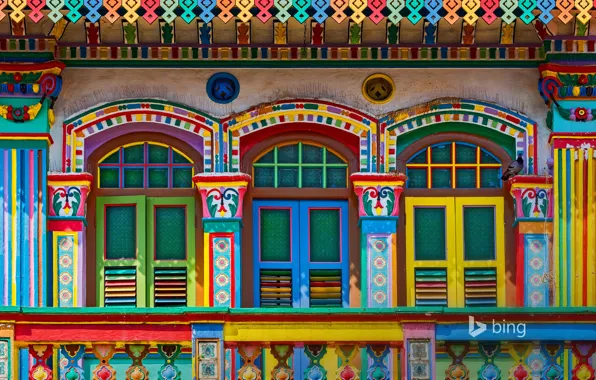 Картинка краски, здание, окно, Сингапур, ставни, фасад, Маленькая Индия