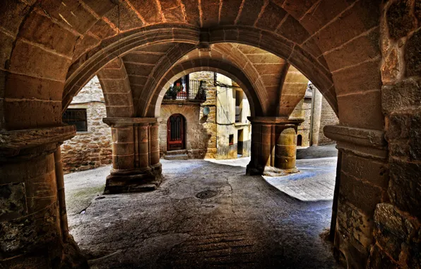 Город, улица, арка, Испания, Spain, Aragón, Teruel, Calaceite