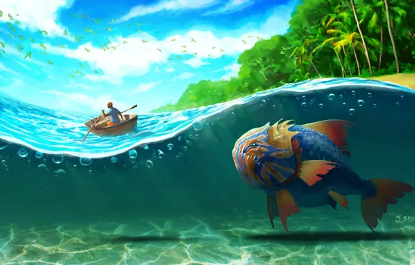 Картинка море, волны, пальмы, остров, рыба, арт, Big Fish, Jeremy Bennison