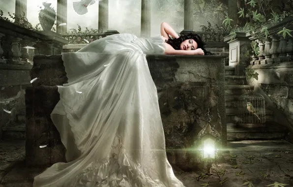 Женщина, голубь, клетка, ваза, THE SECRET GARDEN