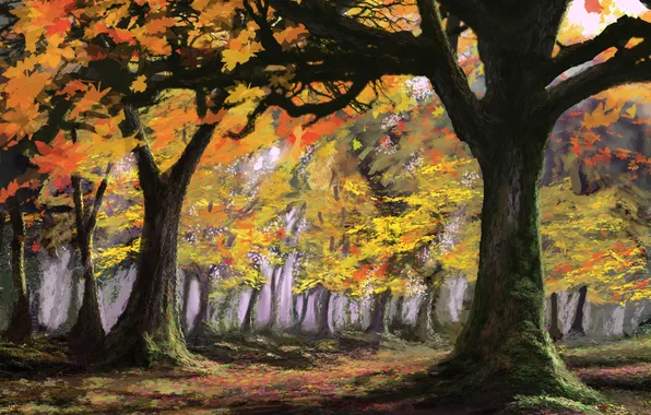 Картинка осень, лес, деревья, арт