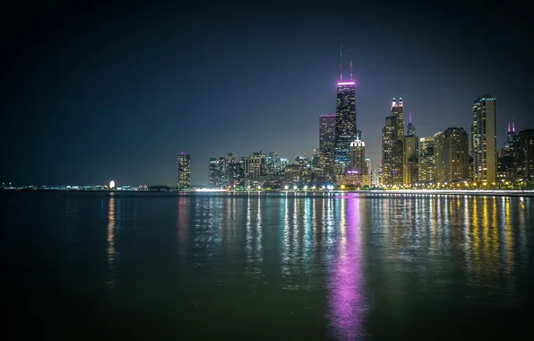Ночь, океан, небоскребы, Чикаго, США, Иллиноис, панорамма, отрважение