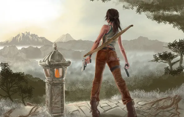 Картинка девушка, оружие, огонь, пистолеты, вид, лук, арт, Lara Croft