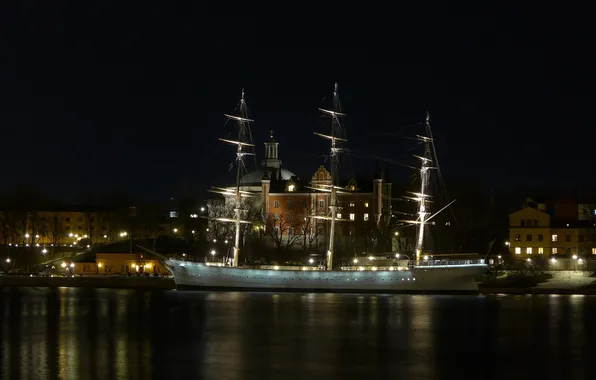 Ночь, огни, корабль, дома, Стокгольм, Швеция