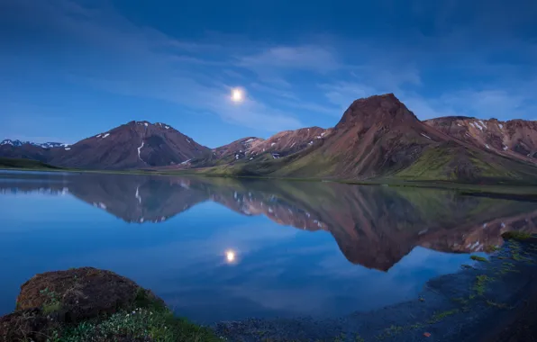 Горы, озеро, отражение, луна, вечер, сумерки, Исландия