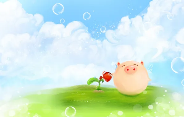 Картинка облака, пузыри, рисунок, растение, росток, крылья, позитив, луг